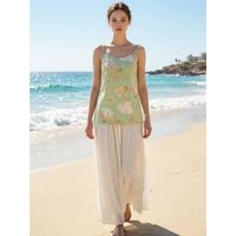 Moon River Drop Waist Contrast Skirt Flowy Spaghetti Straps Small Shells